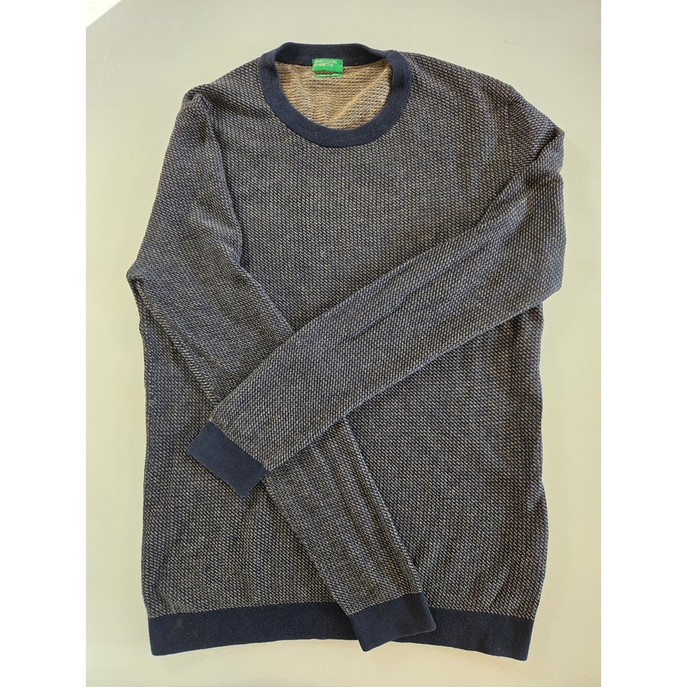 United Colors of Benetton Mens Cashmere Blend Crewneck Sweater Navy Tan Pattern